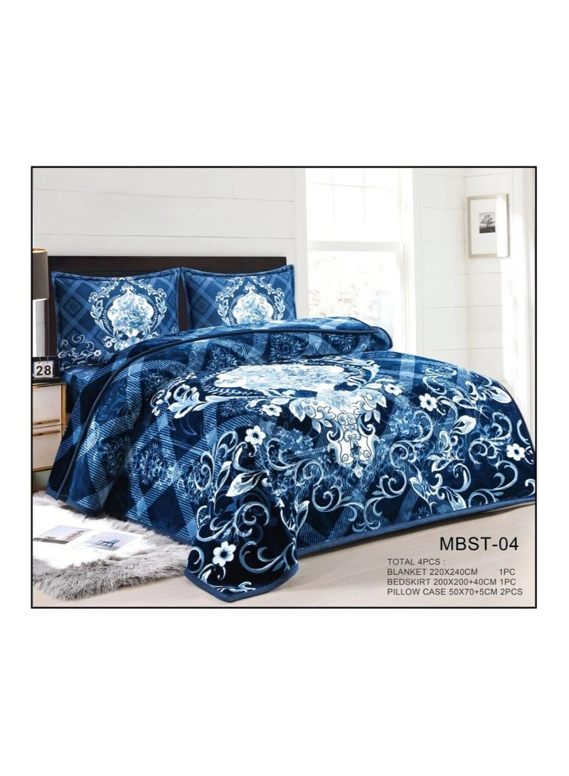 A set of 4 pieces with a patterned, embossed, double-layered blanket that is extremely soft (8 kg)